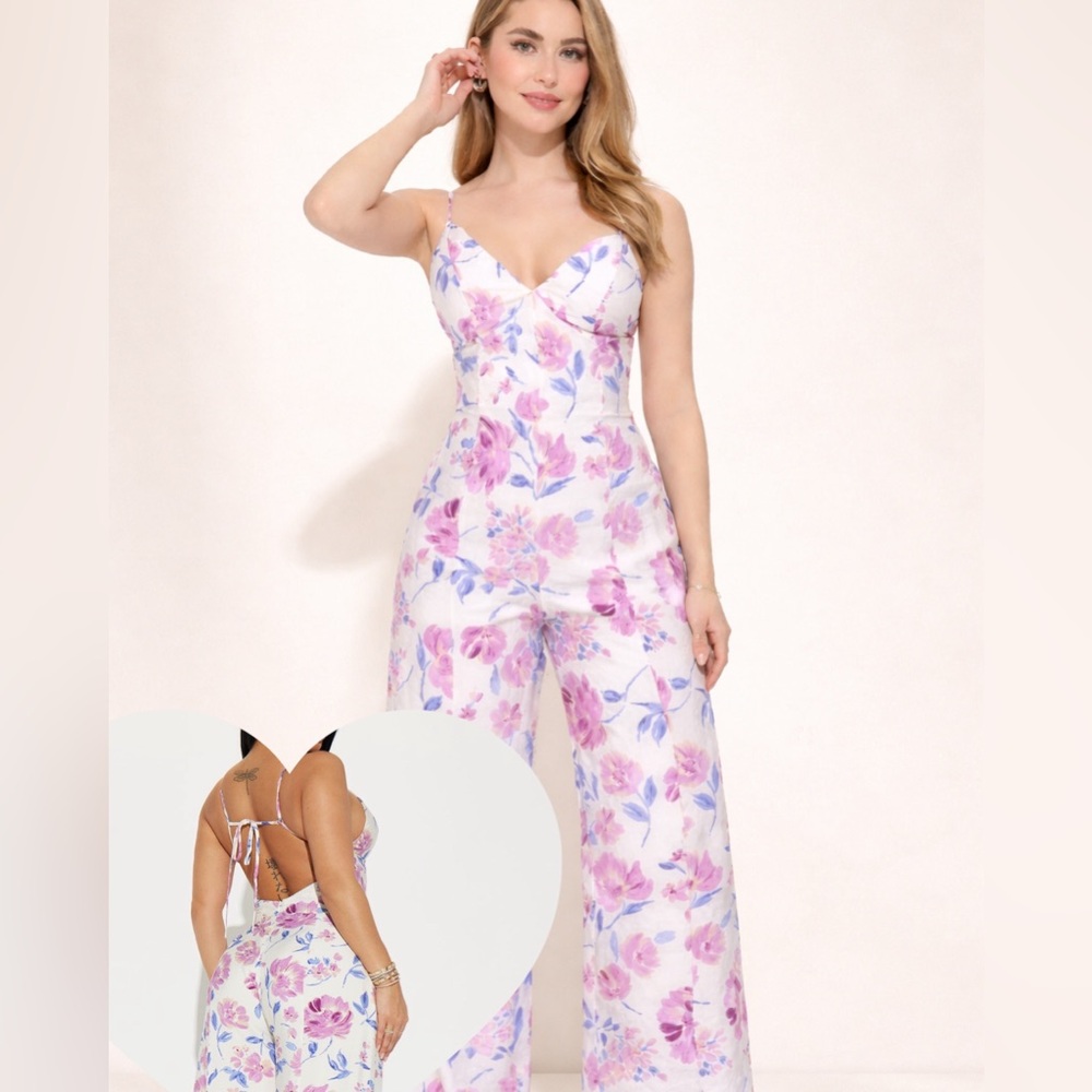 ILLA ILLA Floral Wide Leg Jumpsuit White Pink Backless Wedding Guest Small